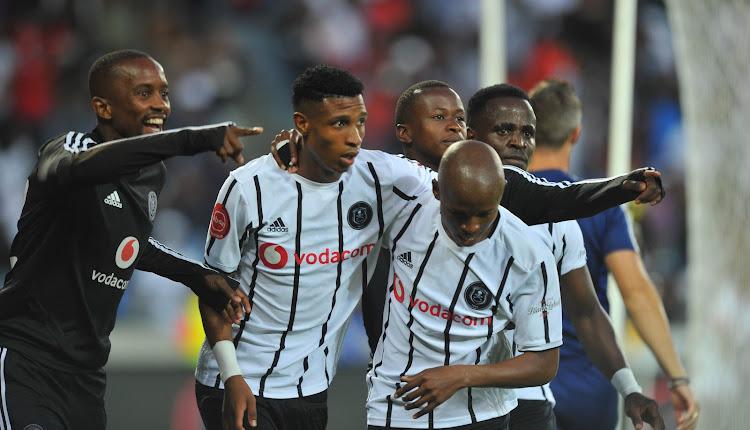 Vincent Pule of Orlando Pirates celebrates goal with teammates during the Absa Premiership match between Orlando Pirates and AmaZulu on 25 January 2020 at Orlando Stadium, Pretoria.