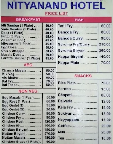 Hotel Nithyanand menu 