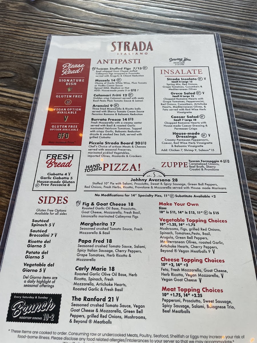 Strada Italiano gluten-free menu