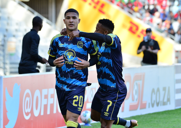 Darwin Gonzalez of Cape Town City FC celebrates scoring a goal with teammates during the DStv Premiership match against Cape Town Spurs at DHL Stadium on September 30, 2023.