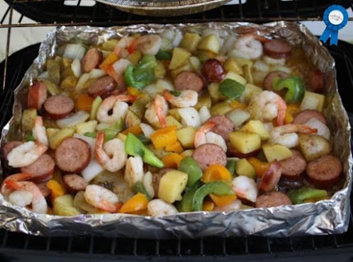 Grilled Shrimp and Sausage with Peppers and Onions