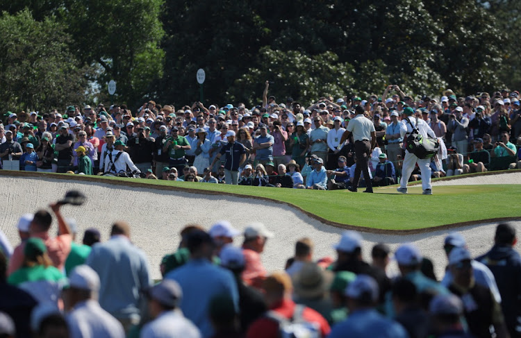 Tiger Woods on the 18th hole during a practice round for The Masters at Augusta National Golf Club in Augusta, Georgia on Monday.