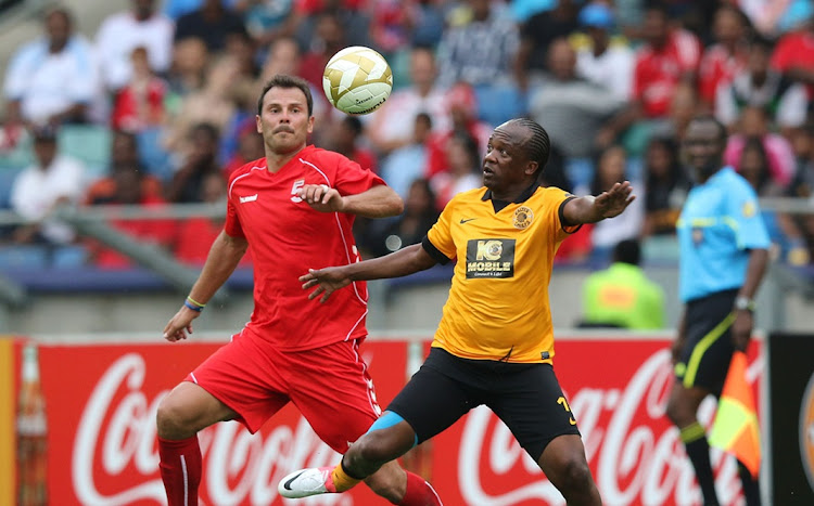 Thabo Mooki turns out for Kaizer Chiefs Legends against Patrik Berger of Liverpool FC Legends in a legends match at Moses Mabhida Stadium in Durban in November 2013.