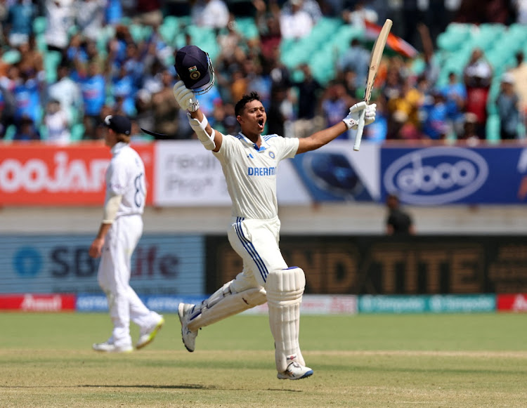 India's Yashasvi Jaiswal celebrates after reaching his double century in the third Test against England at Niranjan Shah Stadium in Rajkot, India on Sunday.