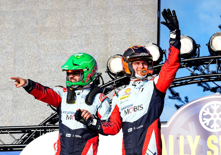 Hyundai Shell Mobis World Rally Team's Esapekka Lappi and co-driver Janne Ferm celebrate winning Rally Sweden in Umea on February 18, 2024 ATTENTION EDITORS - THIS IMAGE WAS PROVIDED BY A THIRD PARTY. SWEDEN OUT. NO COMMERCIAL OR EDITORIAL SALES IN SWEDEN.