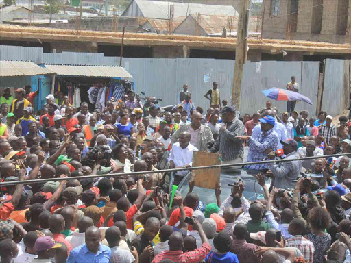 Former Senators Boni Khalwale (Kakamega) and Johnson Muthama (Machakos), Siaya's James Orengo and Mavoko MP Patrick Makau address NASA supporters in Athi River town in Mavoko constituency of Machakos county, October 28, 2017./GEORGE OWITI