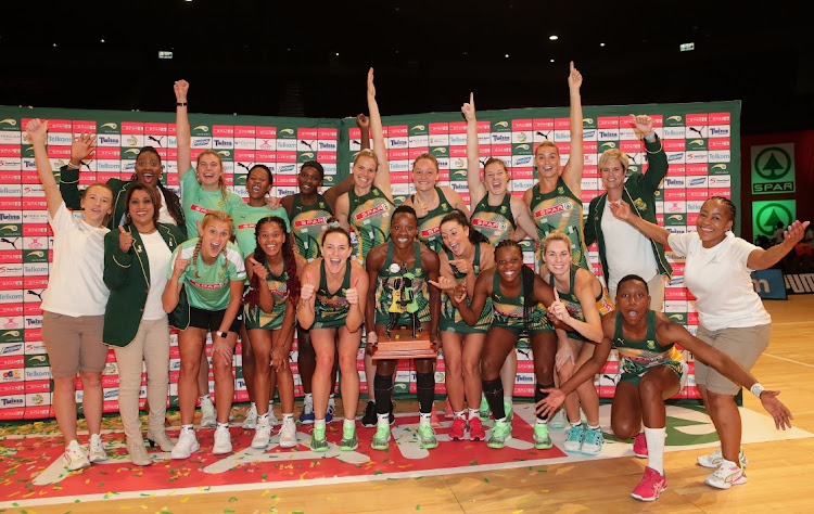 The triumphant South African team with the Spar Challenge trophy after winning against Malawi during the Spar Netball Challenge in Sun City, South Africa.