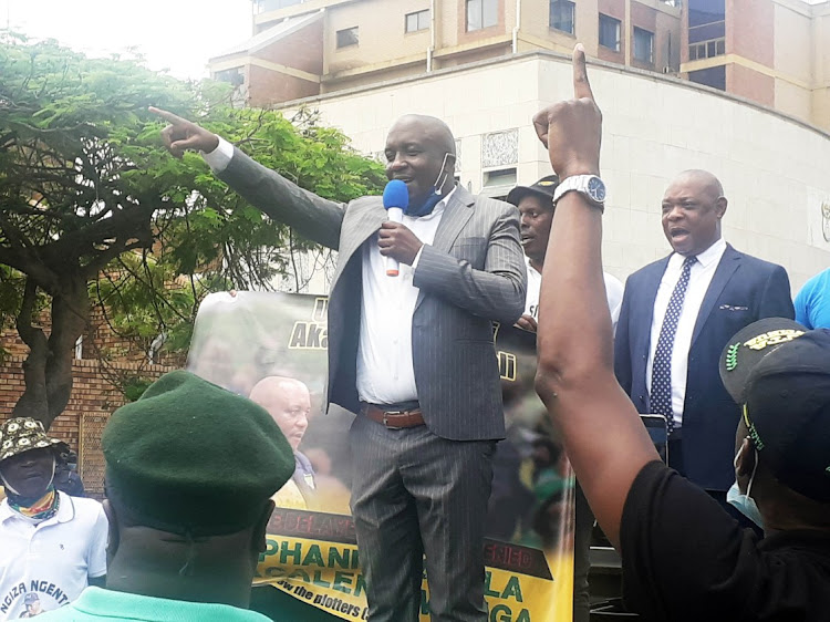 Former Mpumalanga agriculture MEC Mandla Msibi with supporters after a previous court appearance. File photo.