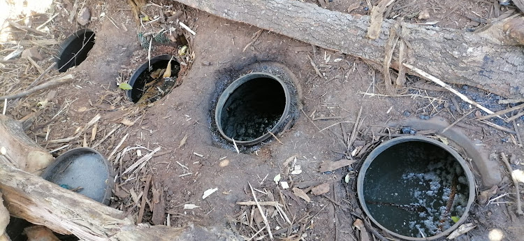 The illicit brew inside underground drums.