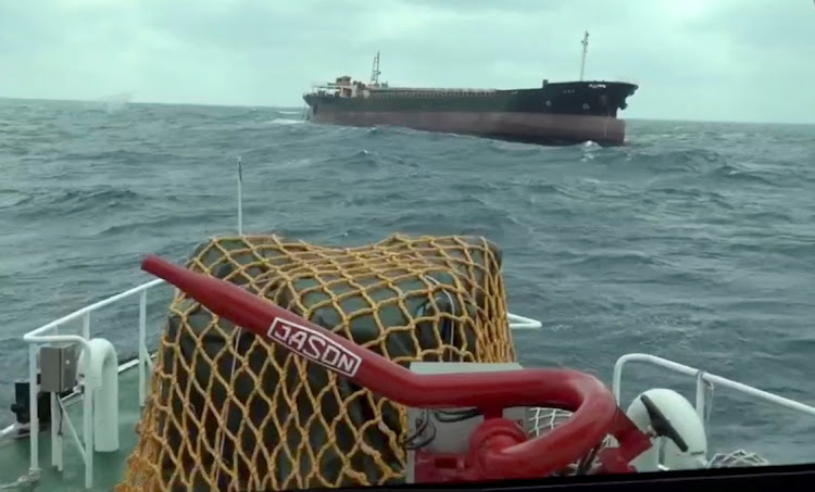 An empty vessel reported to be Kyoto 2, which was towed by a ship that went missing on its way from the South Korean city of Busan to Indonesia's Batam port, is seen near the Penghu Islands, in the Taiwan Strait, in this screengrab taken from a video dated April 7, 2022. .