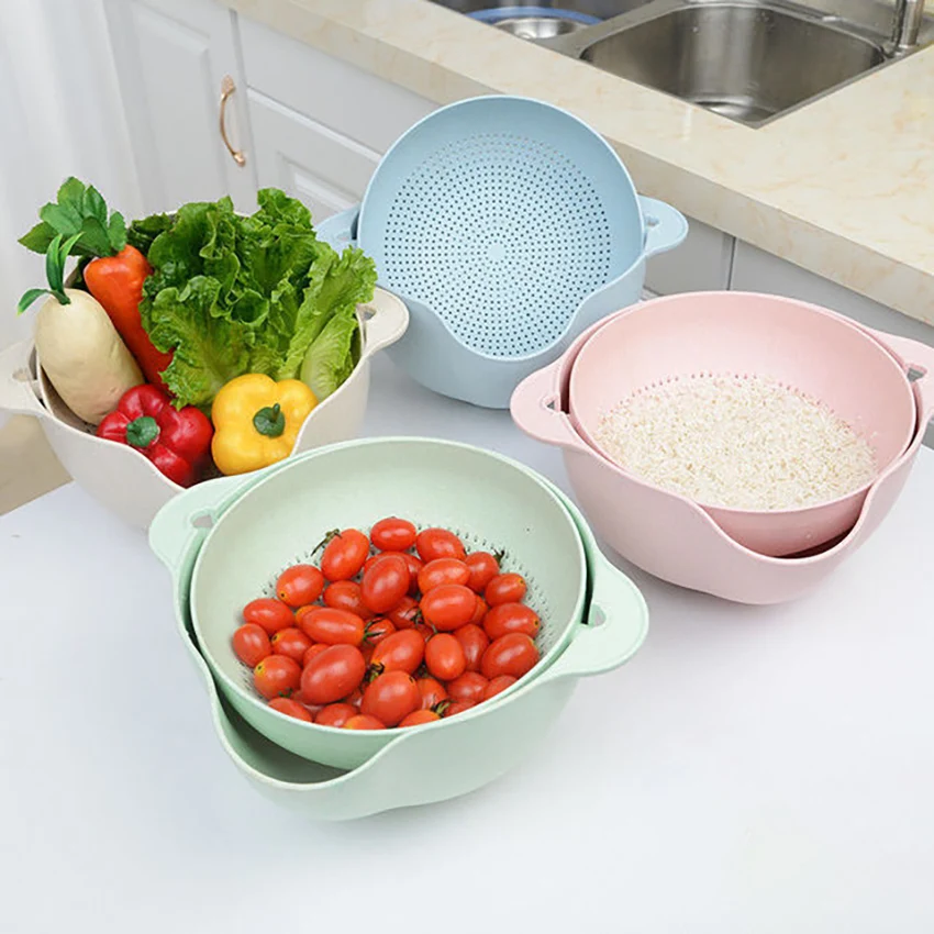 Panier de vidange de cuisine polyvalent double couche rotatif pour laver les légumes, égoutter les fruits et ranger