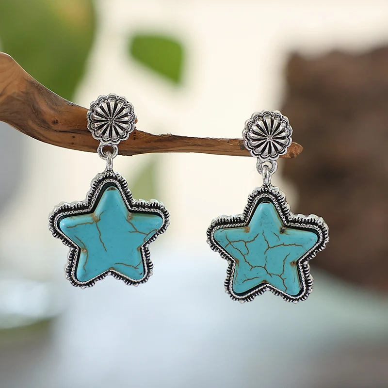 Boucles d'oreilles Grand Pentagramme Turquoise Créatives Bijoux Femme Élégance Mystique Cadeau Idéal Style Bohème