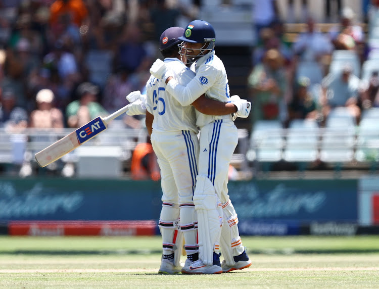 India's Shreyas Iyer and Rohit Sharma celebrate winning the second Test against the Proteas at Newlands on day 2 on Thursday.