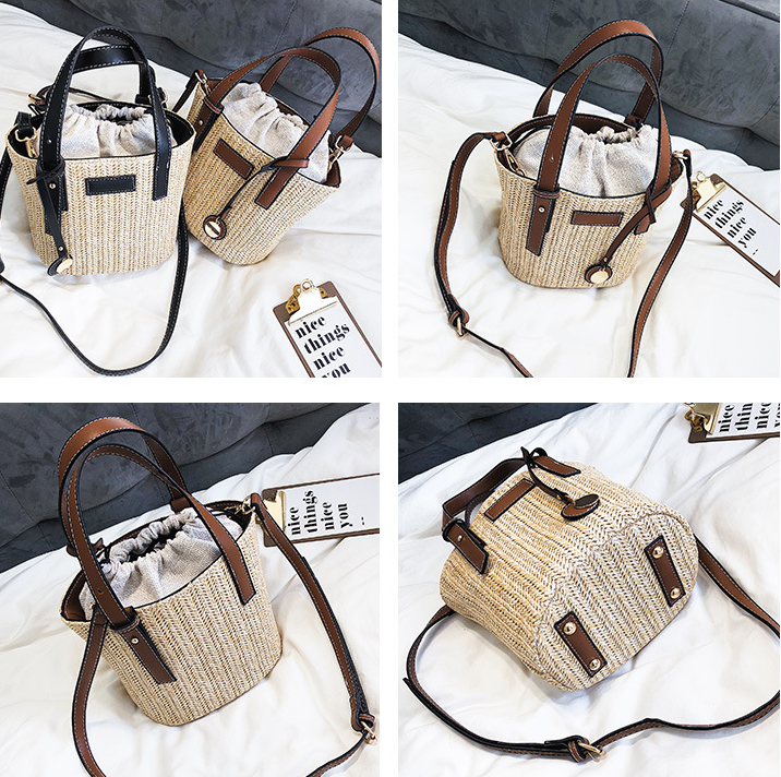 Sac à main d'été pour femmes, tissé à la main, couleur contrastée, sac seau en paille, sac à main cylindrique, sac de plage bandoulière. Idéal pour l'été.