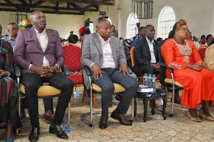 Murang'a Senator Joe Nyutu with Interior Cabinet Secretary Kindiki Kithure and Maragua MP Mary Waithera at Kamahuha PEFA church in Maragua, Murang'a on June 18, 2023.