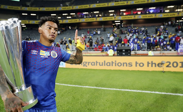 Clayton Daniels of SuperSport United celebrates during the MTN8 2019 Final football match between Highlands Park and SuperSport United at Orlando Stadium on 05 October 2019.