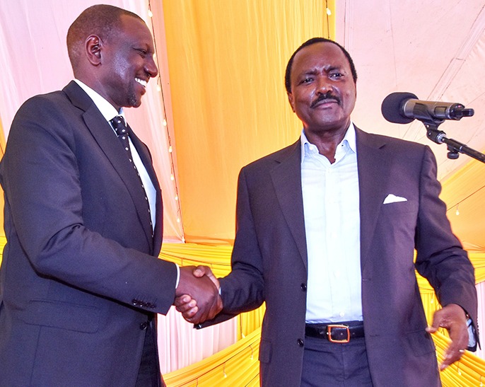 Deputy President William Ruto with Kalonzo Musyoka during the burial of Mama Rael Mbeleete Mailu, mother of former CS Cleopa Mailu inMakindu, Makueni County.