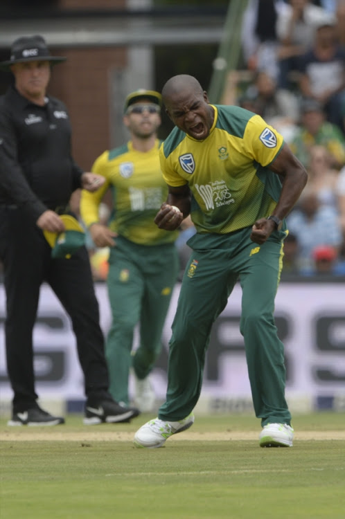 Junior Dala of the Proteas takes the catch for the wicket of Ajinkya Rahane of India during the 1st KFC T20 International match between South Africa and India at Bidvest Wanderers Stadium on February 18, 2018 in Johannesburg, South Africa.