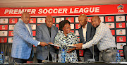 PSL chairman Dr Irvin Khoza with PSL executive member  Kaizer Motaung, league's acting CEO Mato Madlala, Safpu president Thulaganyo Gaoshubelwe and  union colleague Nhlanhla Shabalala. / Sydney Mahlangu/ BackpagePix