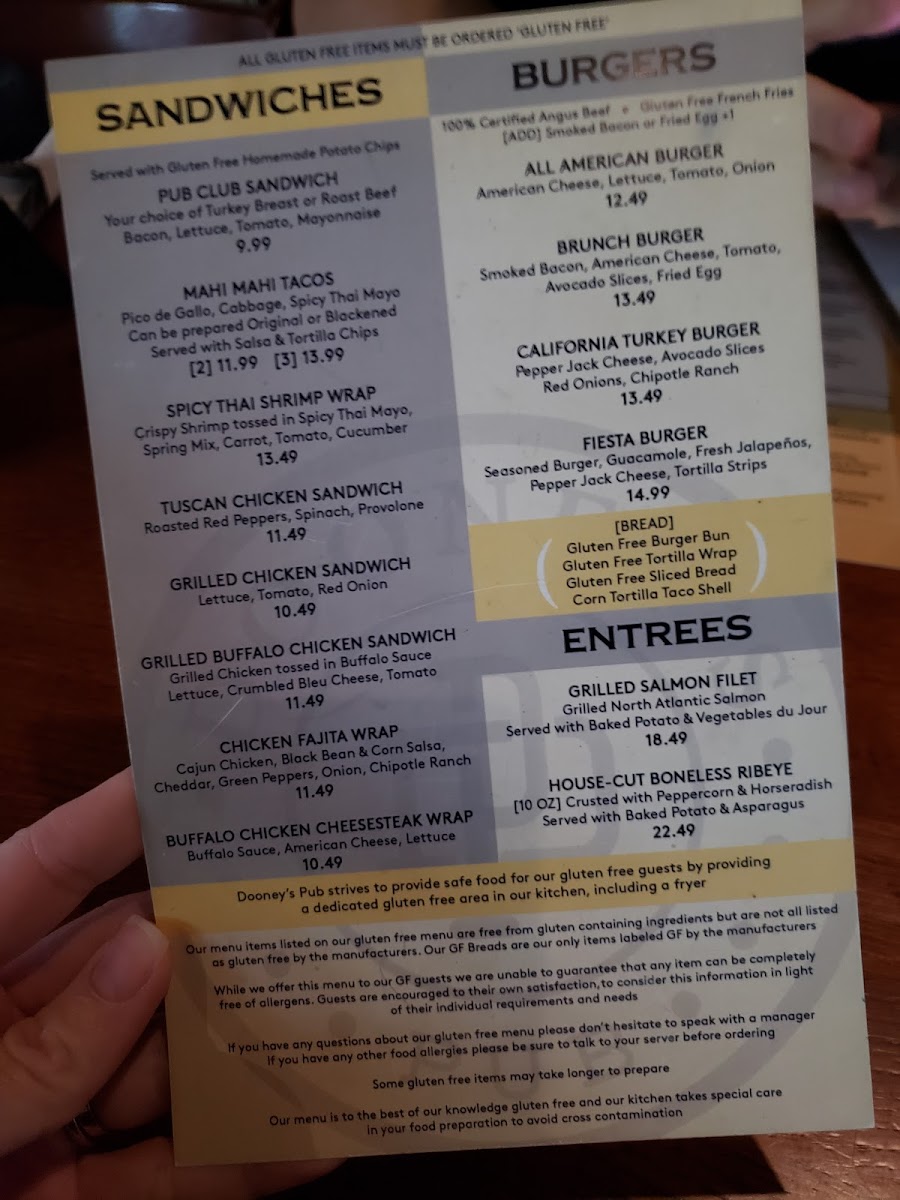 Dooney's Pub Voorhees gluten-free menu