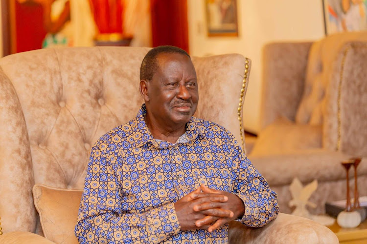 ODM leader Raila Odinga during a reconciliation meeting with Public Service CS Moses Kuria at the Odinga's Karen home on April 7, 2024.