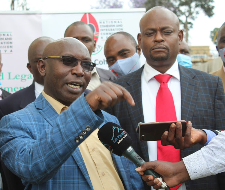 Nyeri Central deputy county commissioner Joseph Mwangi and NCIC assistant director of Complaints, Legal and Enforcement department Kyalo Mwengi in Nyeri on Tuesday