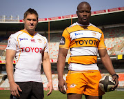 The Toyota Cheetahs captain Oupa Mohoje (R) parades the new jersey for the PRO14 season on Wednesday August 15 2018. 