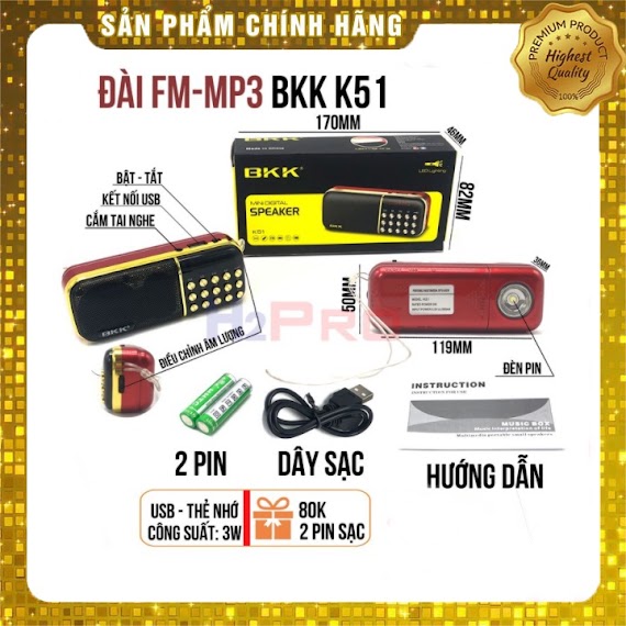 Loa Radio Mini Bkk K51 Nghe Đài, Nghe Nhạc, Nghe Kinh Phật - Có Đèn Pin Cực Sáng