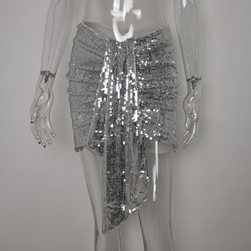 Title 6, V-shaped hanging sequined miniskirt for a dazzl...