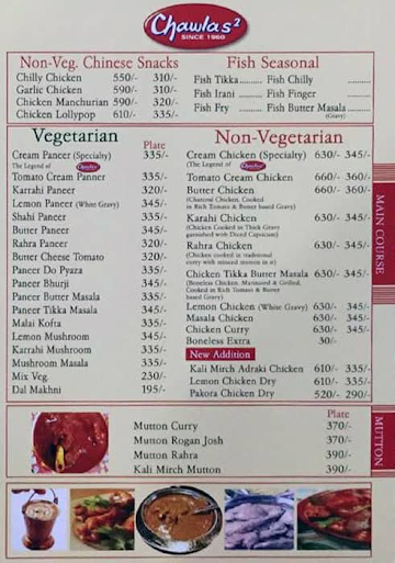 Chawla's 2 menu 