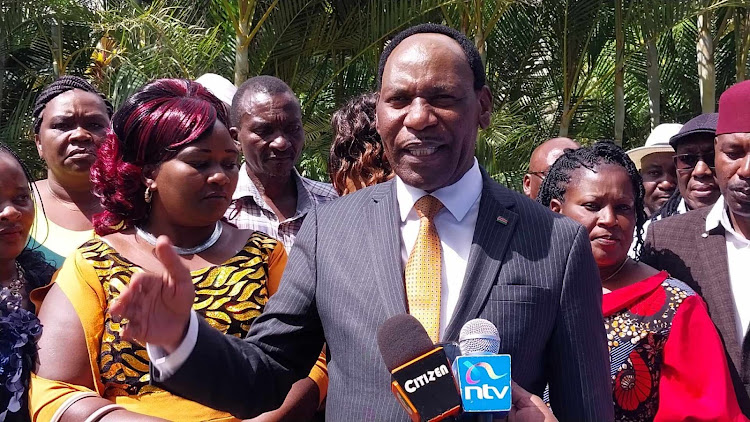 Music Copyright Society of Kenya CEO Ezekiel Mutua address the press flanked with members in Athi River, Machakos, on February 16, 2024.