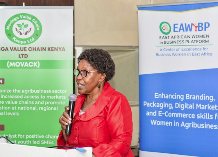 East African Women in Business Platform (EAWiBP) chairperson Elizabeth Thande during a forum in Nairobi/ HANDOUT