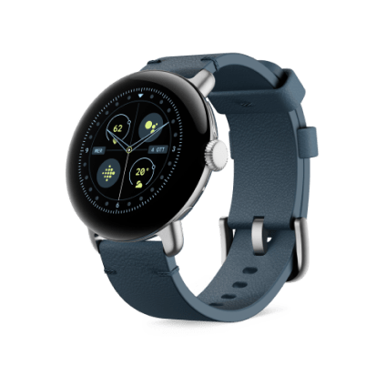 Cinturino in pelle lavorata di Google Pixel Watch visto da un'angolazione, disponibile nei colori nero ossidiana e verde mimetico