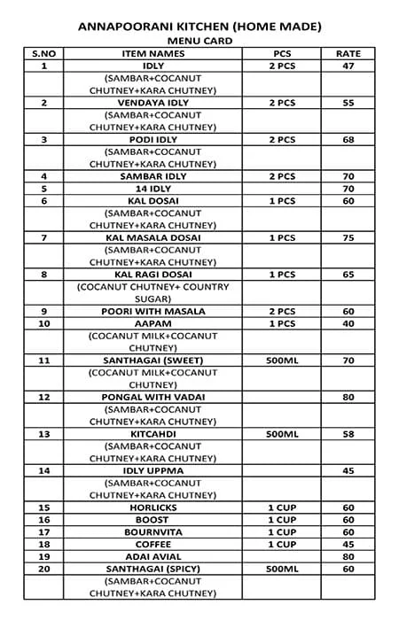 Annapoorani Kitchen menu 