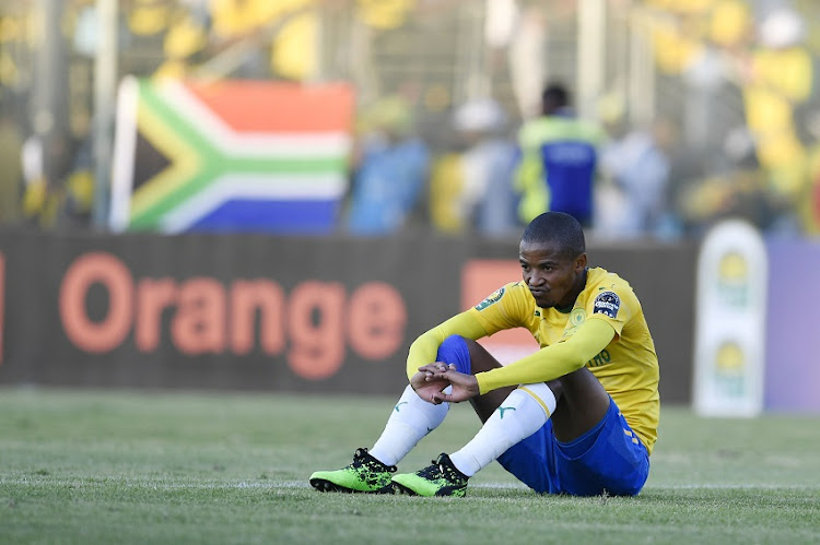 Thapelo Morena of Mamelodi Sundowns looks ejected during the CAF Champions League match between Mamelodi Sundowns and Wydad at Lucas Moripe Stadium on May 04, 2019 in Pretoria, South Africa.