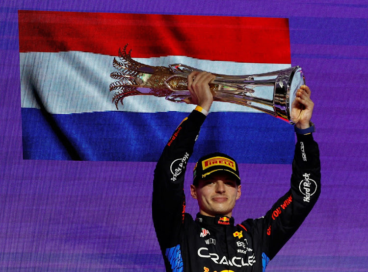 Red Bull’s Max Verstappen celebrates winning the Saudi Arabian F1 Grand Prix at Jeddah Corniche Circuit on Saturday. Picture: HAMAD I MOHAMMED/RETURS