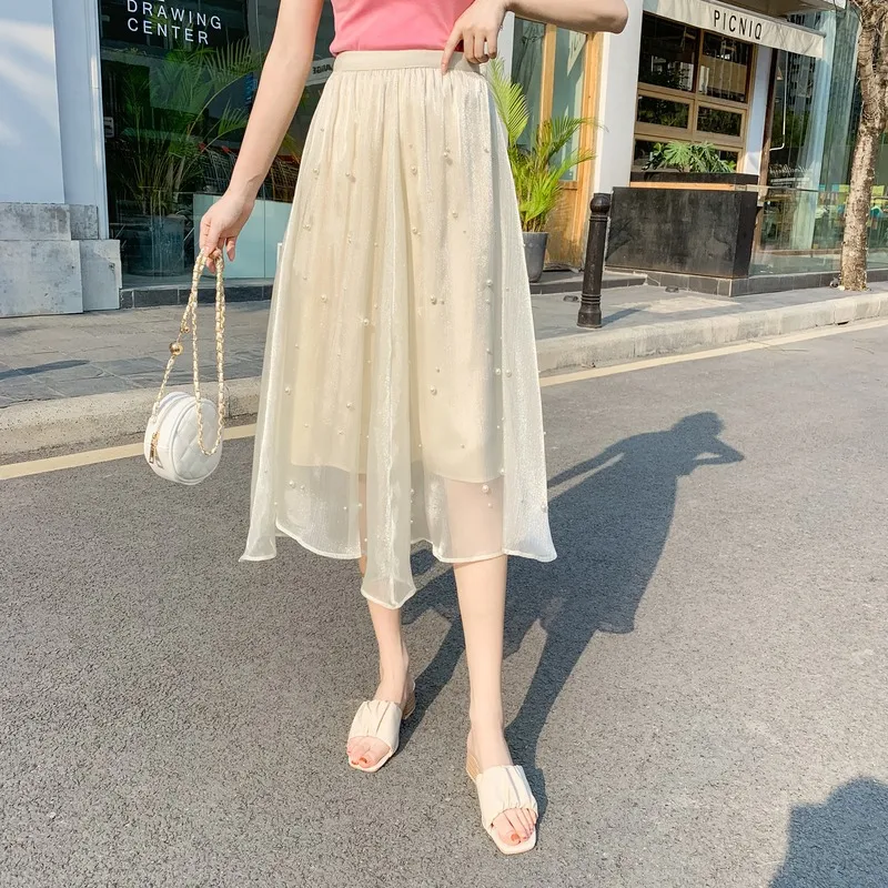 Gonna in chiffon con perline da donna, a vita alta, lunghezza media, linea ad A, per un look industriale elegante e confortevole.