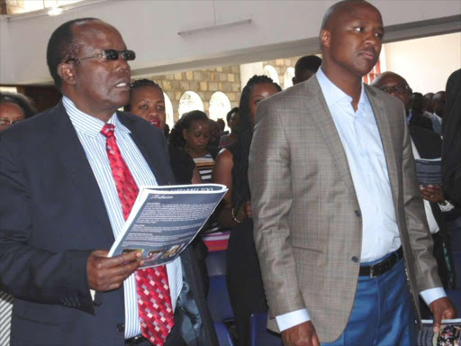 Former FKF boss Sam Nyamweya and Nandi Hills MP Alfred Keter during former Nominated MP Mark Too's memorial service at AIC Milimani in Nairobi, January 6, 2016. /JOSEPH NDUNDA