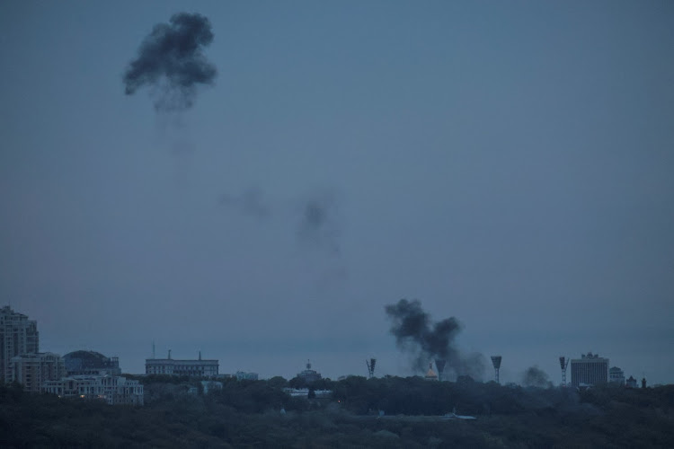 Smoke rises over the city after the remains of a shot-down drone landed on the ground, amid Russia's attack on Ukraine, in Kyiv, Ukraine May 4, 2023. Reuters/Stringer