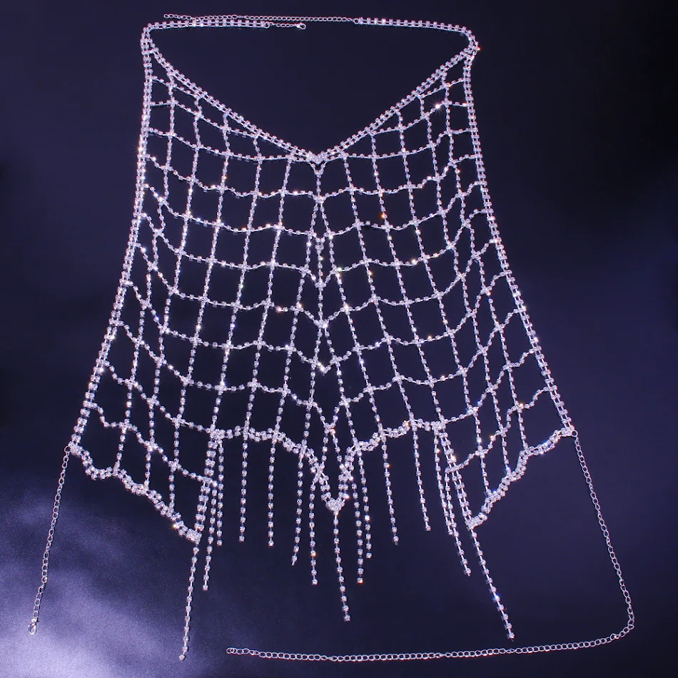Damen Mesh-Fransen-Bodykette mit Strass, Show-Kostüm. Funkelnd und auffällig für Bühnenauftritte. Betonen Sie Ihre Silhouette.