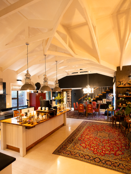 The elegant reception area branches off from a spacious kitchen.