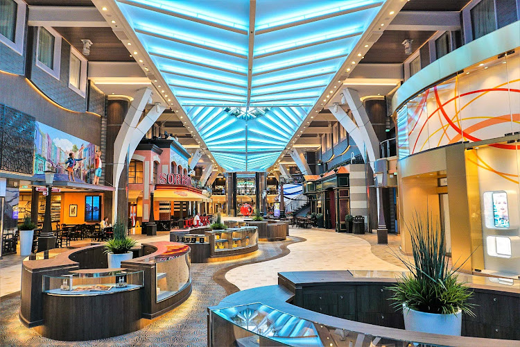 A portion of the Royal Promenade on Symphony of the Seas, which features upscale shops and eateries.