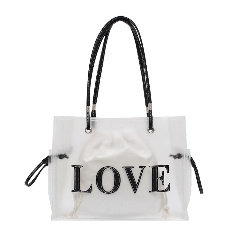 Transparante beige one-shoulder shopper voor strand en vrije tijd, ideaal voor winkelen en ontspannen dagen, stijlvol.