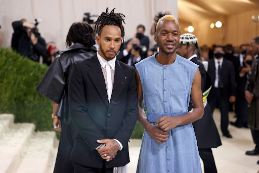 Lewis Hamilton and designer Kenneth Nicholson attend the 2021 Met Gala Celebrating In America: A Lexicon Of Fashion at the Metropolitan Museum of Art on September 13 in New York City.