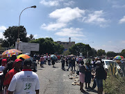 Protesters gather outside Johannesburg's Charlotte Maxeke Hospital on Wednesday.