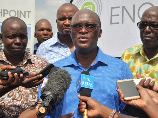 Parliamentary Transport committee chairman David Pkosing, Transport CS James Macharia and committee vice chairman Moses Kuria (behind CS) in Mombasa on Friday / JOHN CHESOLI