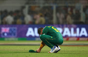 The Proteas' Gerald Coetzee looks dejected after the 2023 ICC Cricket World Cup semifinal against Australia at Eden Gardens in Kolkata, India on Thursday.