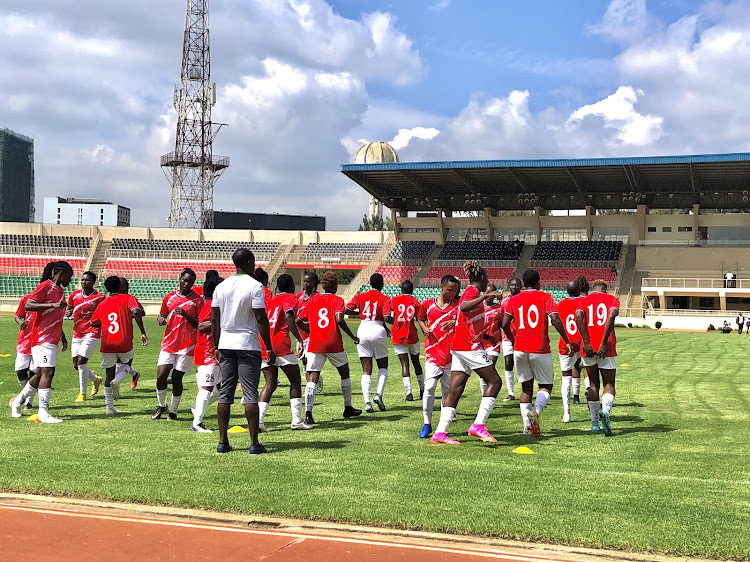 Harambee Starlets have a feel of the pitch ahead of their WAFCON qualifier match against Botswana at Nyayo Stadium on November 28, 2023