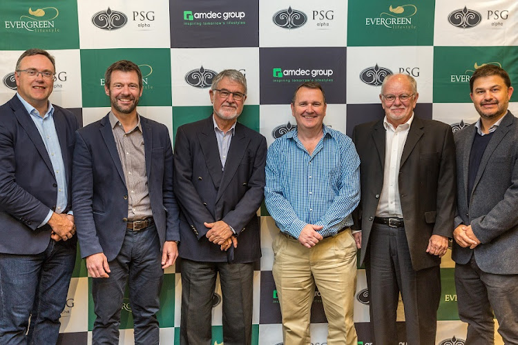 From left to right: Johan Holtzhausen is CEO of PSG Capital, Nico de Waal is CEO of PSG Alpha Investments, Jannie Mouton is Chairman of PSG Group, James Wilson is CEO of Amdec Group, Arthur Case is CEO of Evergreen Retirement Holdings and Piet Mouton is CEO of PSG Group. Picture: SUPPLIED
