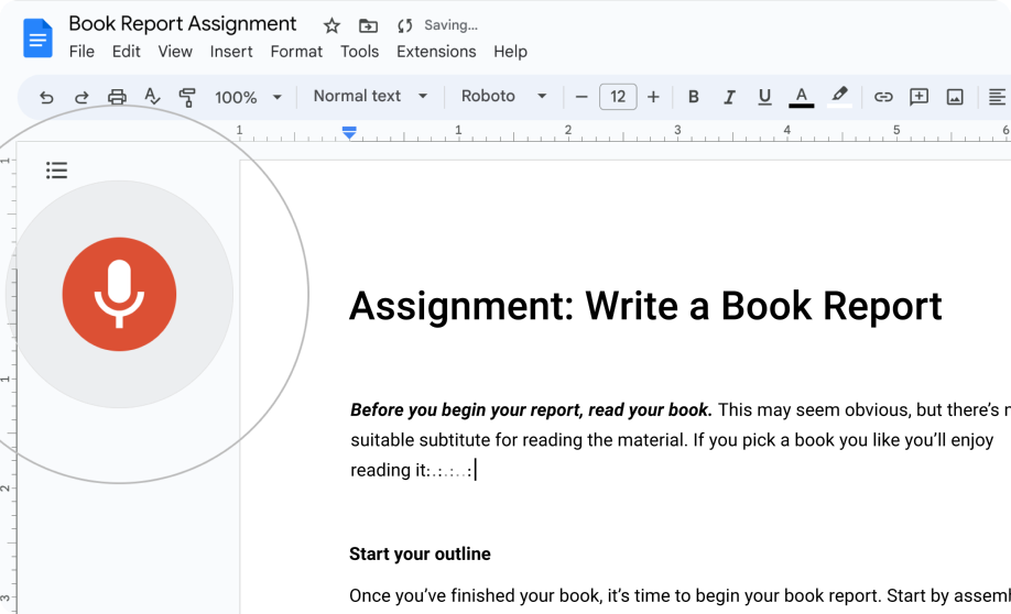 Google’s dictation feature is being used to fill in the speaker notes of a Google Slides presentation.